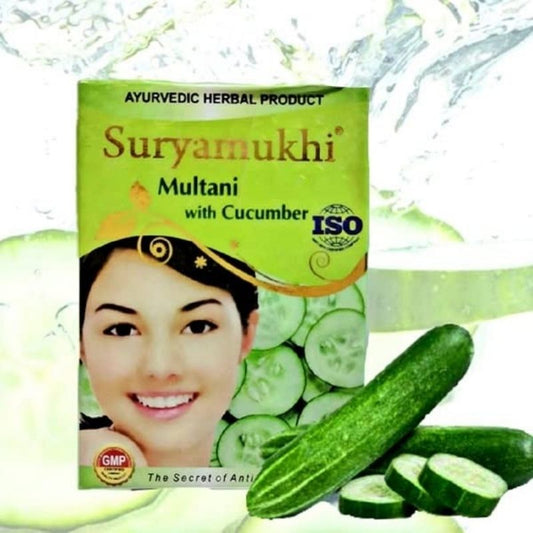 Suryamukhi Multani with Herbal Powder Cucumber 100g face powder for clear skin, featuring cucumber slices and Ayurvedic skincare benefits.