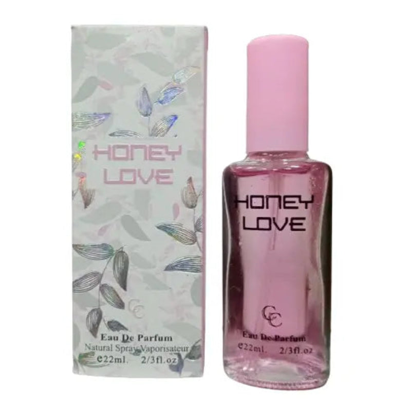 Honey Love Perfume - Women 22ml Fragrance with pink bottle and floral box packaging, ideal for on-the-go use and elegant scent application.