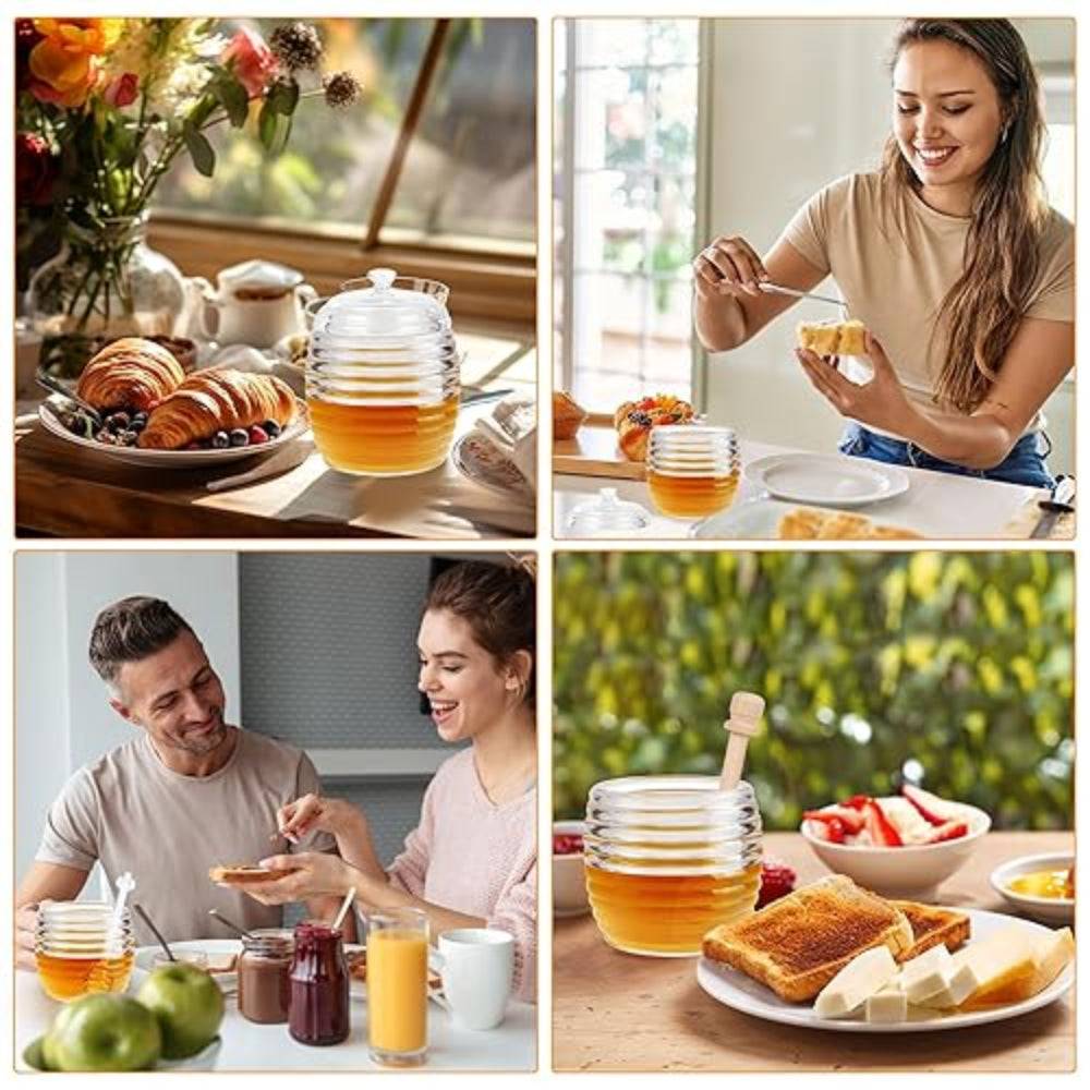Glass Honey Jar with Dipper 236 ml in use during breakfast, ideal for stylish honey serving in kitchen and dining settings.