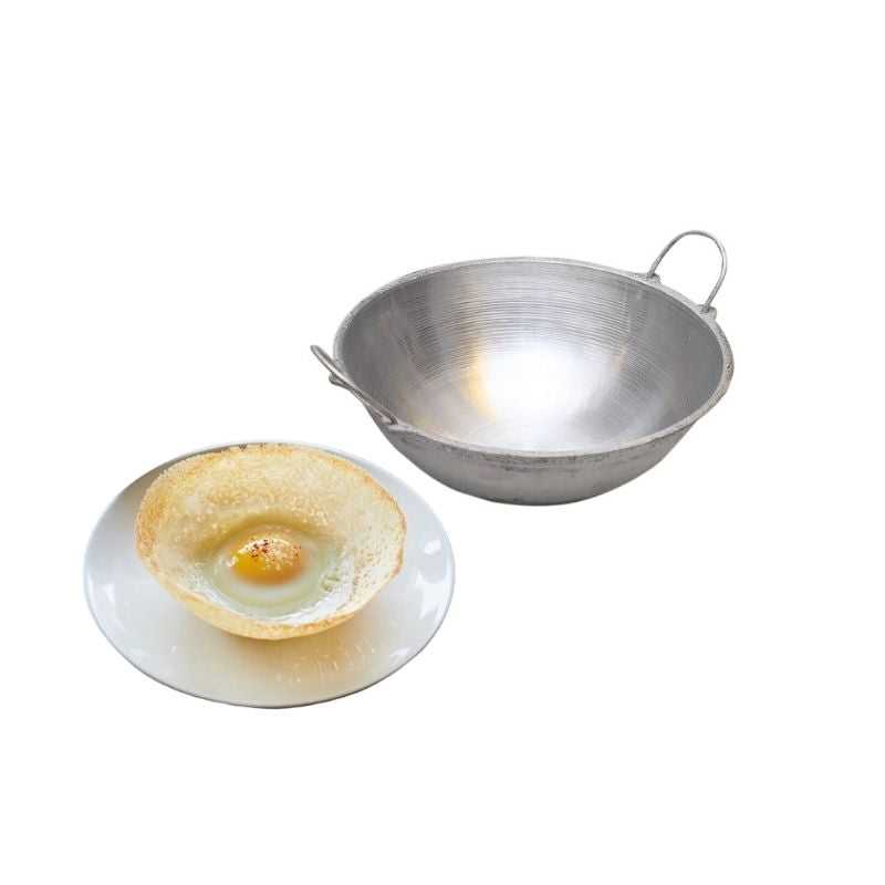 Aluminum Cooking Thachi No 3 wok shown with cooked appam, highlighting its use in traditional and professional kitchen meal preparation.
