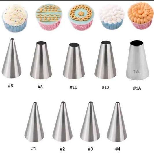 Precision Cake Icing Nozzle set with sizes #6 to #1A for professional cake decorating. Ideal for cupcakes, cookies, and intricate icing designs.