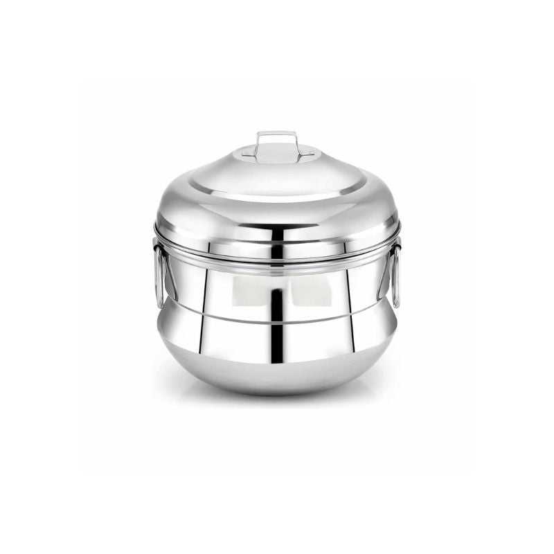 Stainless Steel Idly Maker Pot with secure lid, designed to cook 13 idlis using 3 plates. Durable cookware for South Indian recipes.