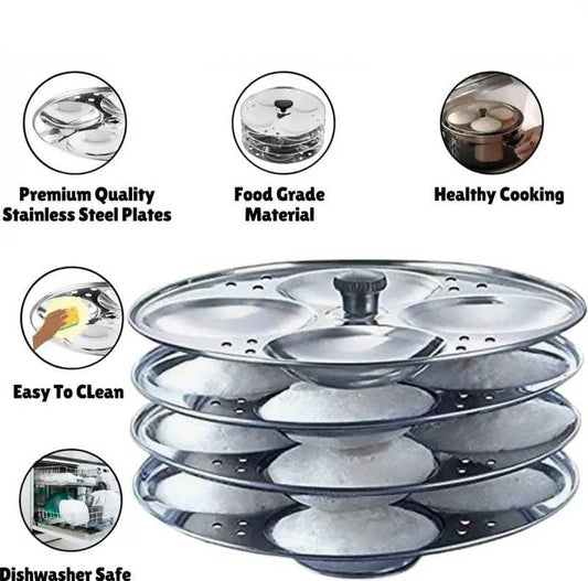 Stainless Steel Idly Maker with 3 stackable plates for 13 idlis, featuring food-grade material, easy cleaning, and dishwasher-safe design.