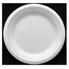 Disposable plastic plate from a 10-piece recyclable set, ideal for food service and party use. Eco-friendly design with a textured rim.