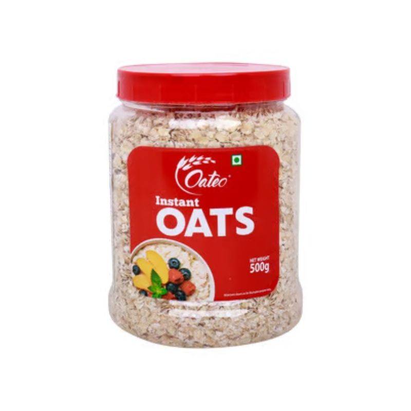 Oateo Instant Oats 500g PET jar with red lid, labeled gluten free wholegrain oats for quick cooking and high fiber nutrition.
