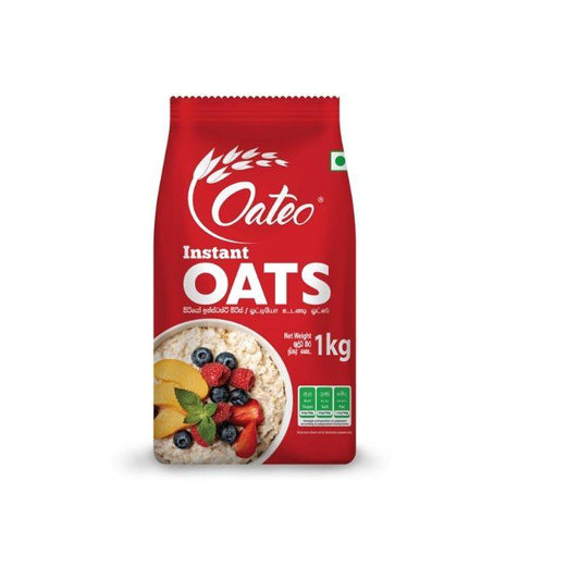 Front view of Oateo Instant Oats 1kg pack featuring fruits and oatmeal bowl, gluten-free oats for healthy digestion and energy boost.