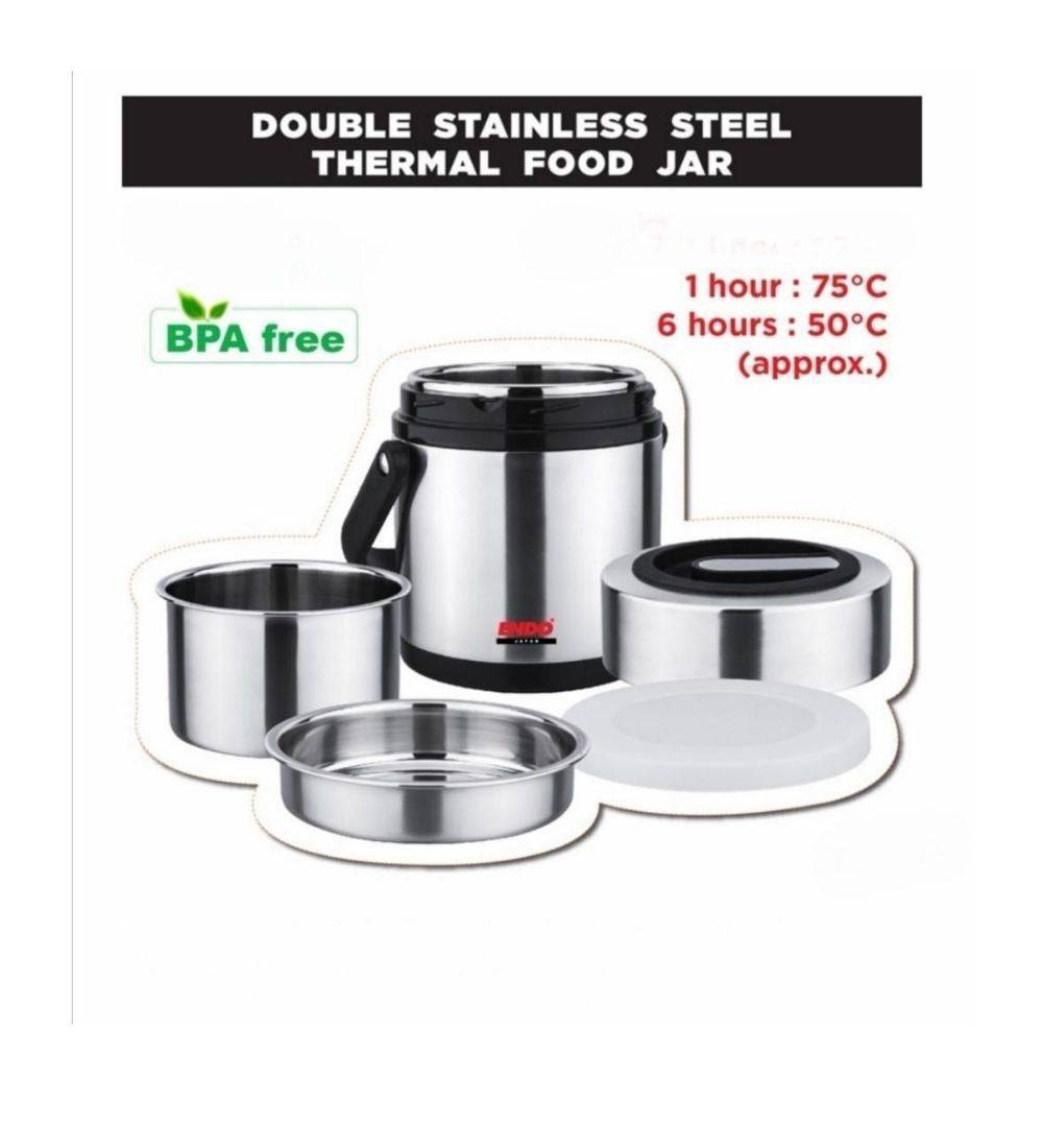 Insulated stainless steel lunch box with three compartments and a secure lid, designed to keep food hot or cold. BPA-free and ideal for work or school meals.