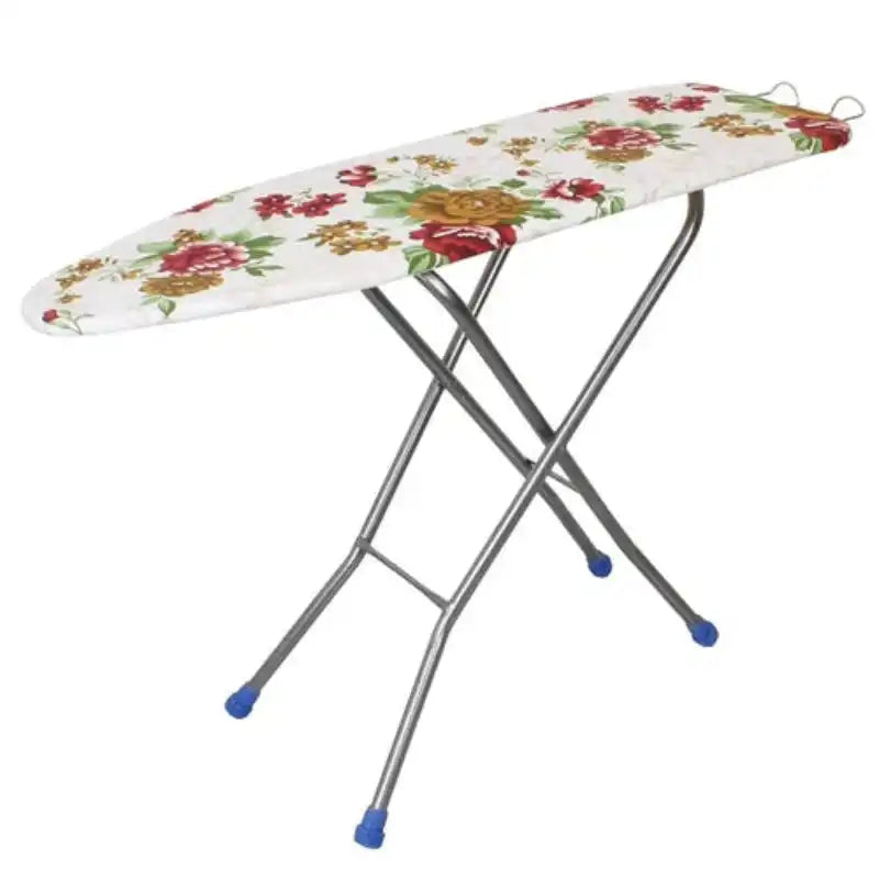 Foldable ironing board with iron rest featuring a floral padded cover and sturdy metal legs. Ideal for compact storage in home laundry rooms.