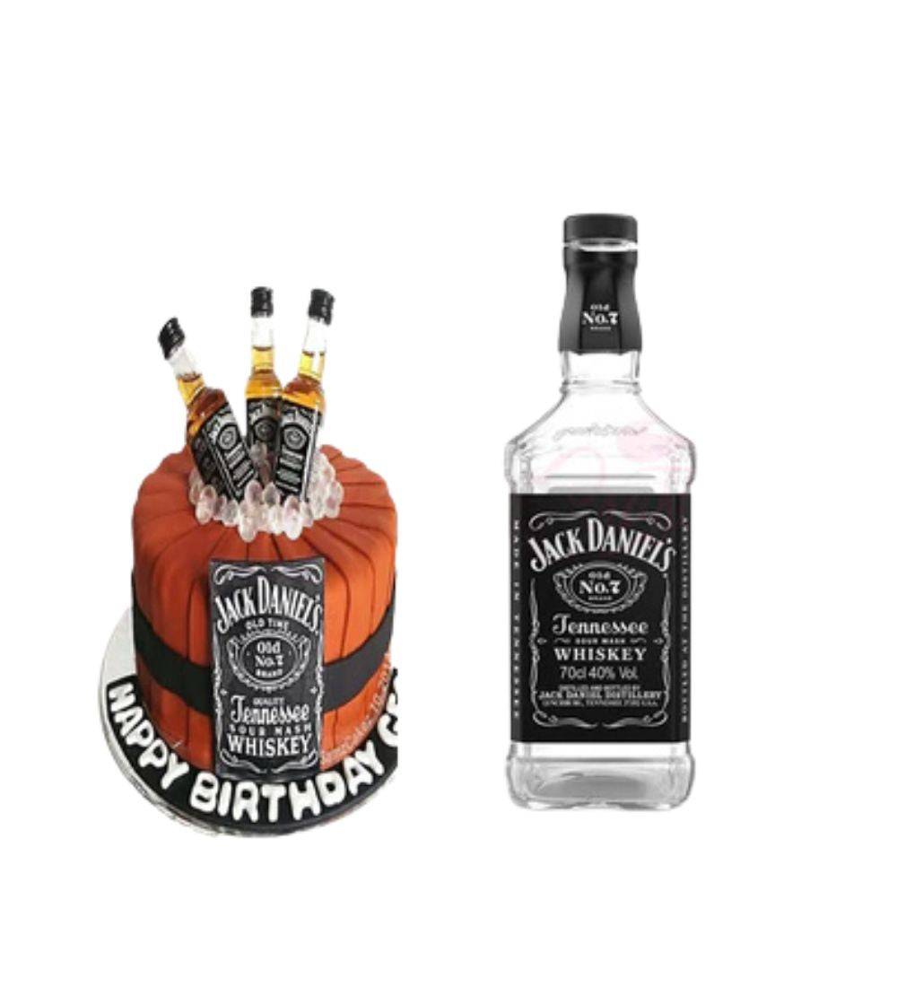 Jack Daniel Mini Bottle cake topper displayed on a whiskey-themed birthday cake. Perfect for party supplies and cake decorating in Sri Lanka.
