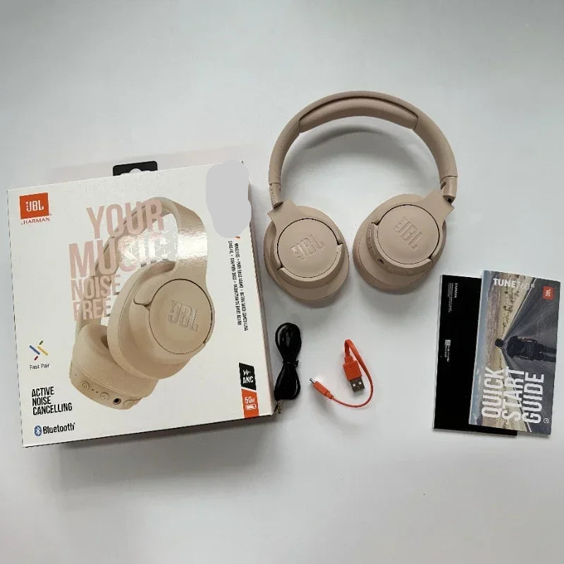JBL beige wireless Bluetooth headphones with active noise cancelling, charging cable, and box. Not JBL J25 model. Not related to JBL J25 Wireless Bluetooth Headphones Price Sri Lanka.