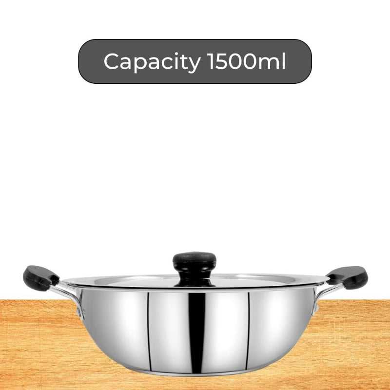 Stainless Steel Kadai 22 cm with 1500ml capacity, ideal for frying and sautéing in home and professional kitchens.