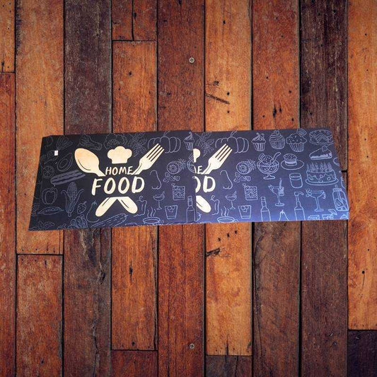 Set of 2 Nordic kitchen carpet runners featuring 'Home Food' design with utensil and food icons. Perfect for rustic or modern interiors.