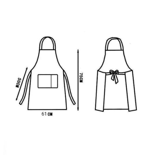 Technical drawing of waterproof kitchen cooking apron with dimensions 75cm x 61cm, showing front pocket and adjustable tie-back design.
