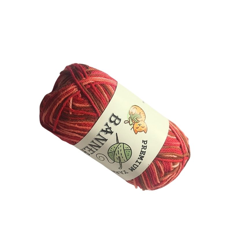 Cotton Crochet Wool Yarn in red and orange mixed shades, ideal for hand knitting and crochet projects. Premium quality crafting yarn for arts and crafts.