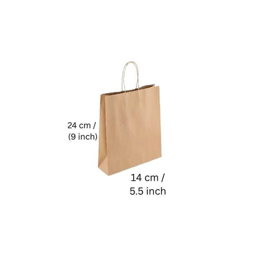 Brown Carrier Paper Bags 9x5.5 inch with handles, ideal for retail or takeaway use. Pack of 10 from Bamagate.com, durable kraft paper design.