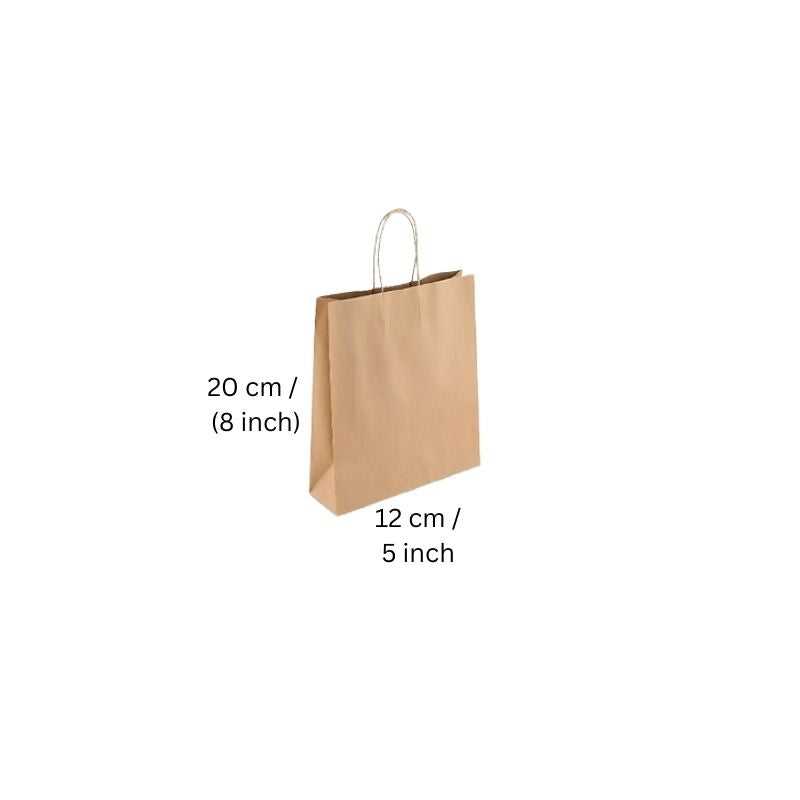 Brown kraft paper bag 8 x 5 inch with labeled dimensions, perfect for retail use and eco-friendly packaging solutions.