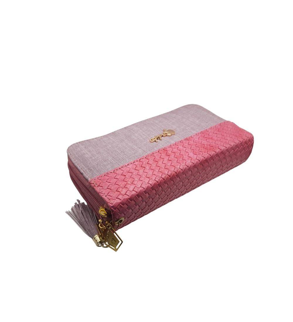 Stylish pink and beige Ladies Fashion Double Zipper Wallet PU Leather featuring woven texture and dual compartments, top ladies purse in Sri Lanka.