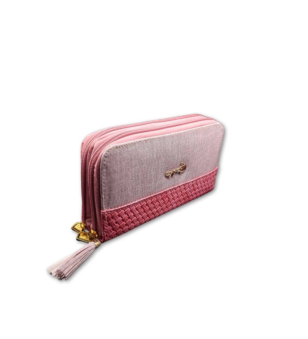 Ladies Fashion Double Zipper Wallet PU Leather in pink and beige with gold accents, ideal ladies purse in Sri Lanka for stylish storage.