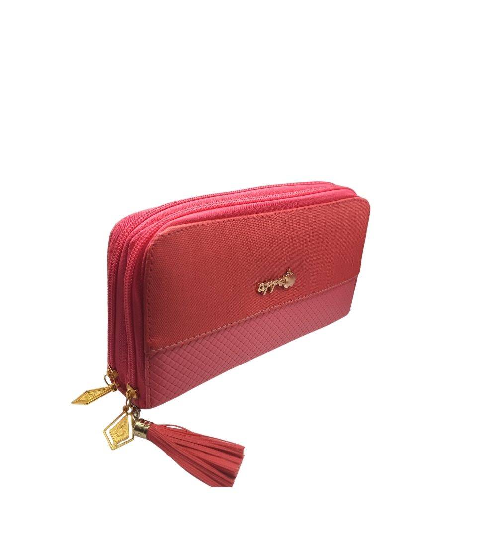 Elegant red Ladies Fashion Double Zipper Wallet PU Leather with tassel zipper pulls, perfect ladies purse for Sri Lankan fashion trends.