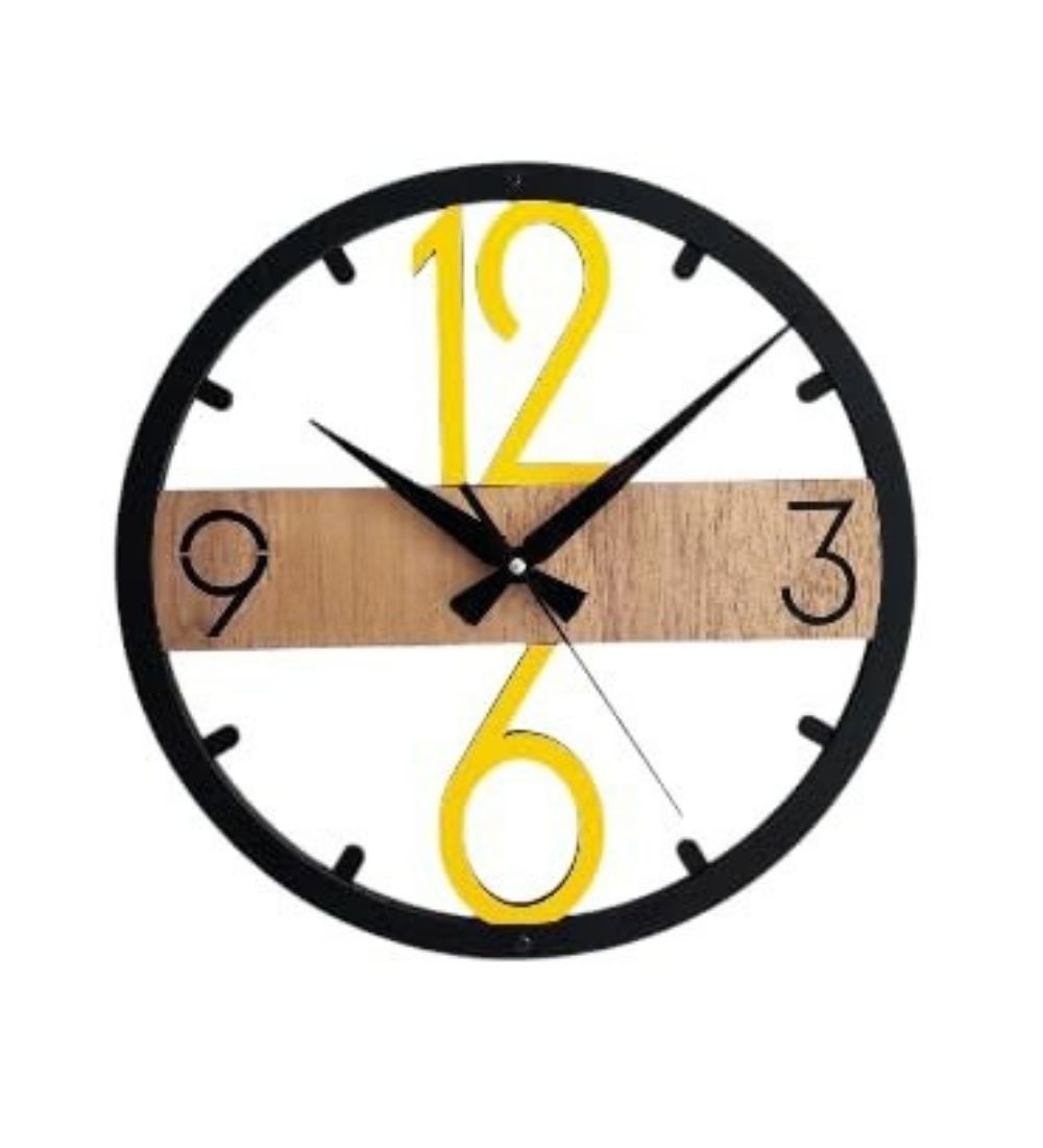 Designer Wall Clock 15 Inch - Large Decor with bold yellow 12 and 6, black frame, and wood accent for modern home wall decor.