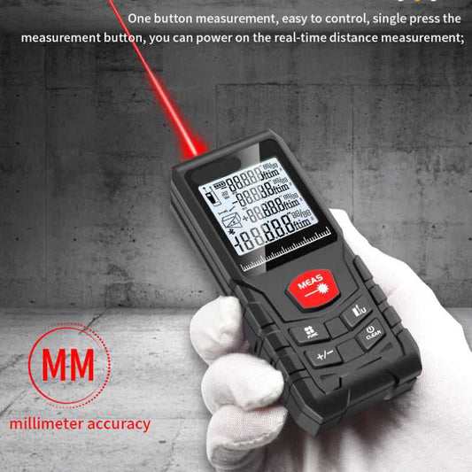 Precision 50M Laser Distance Meter for Professionals with red laser beam, millimeter accuracy, and one-button real-time measurement control.