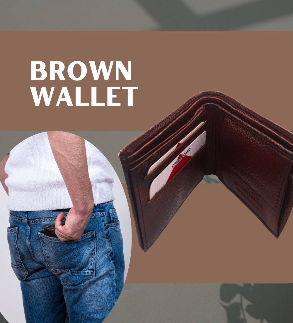 Brown Crocodile Effect Leather Wallet shown in use and open view, highlighting card slots and stylish fit in men's jeans pocket.
