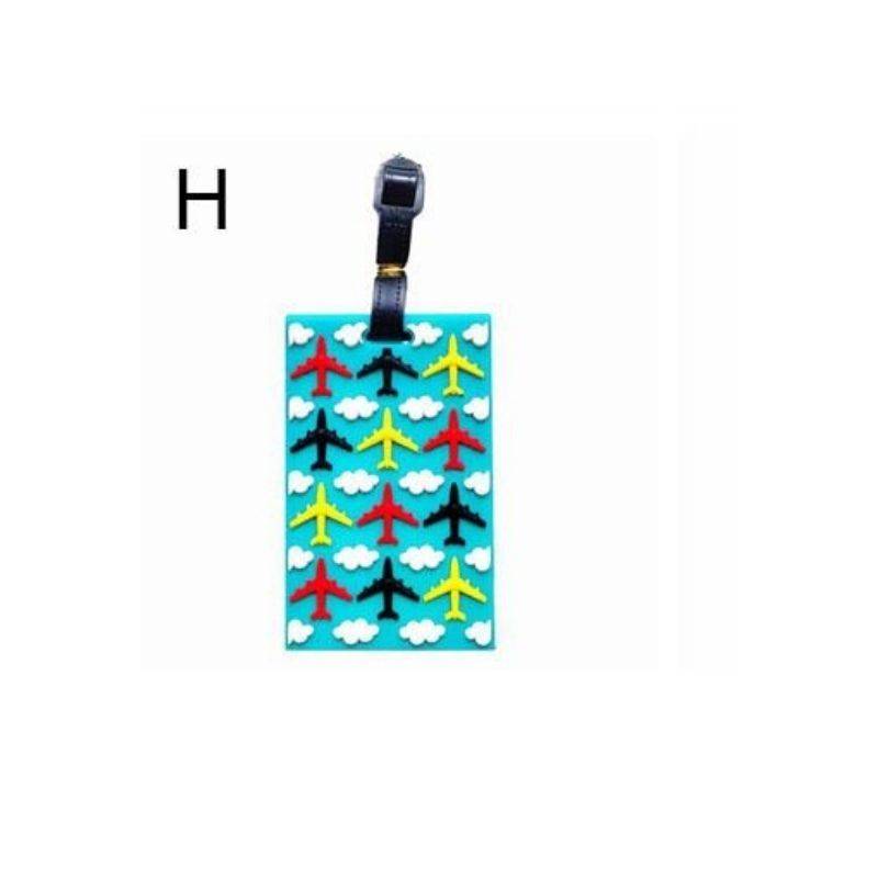Travel Luggage Tag with colorful airplane and cloud pattern on a blue background, ideal for frequent flyers and travel lovers.