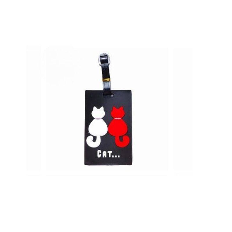 Travel Luggage Tag featuring two cartoon cats in red and white on a black background with 'CAT...' text, stylish and durable.
