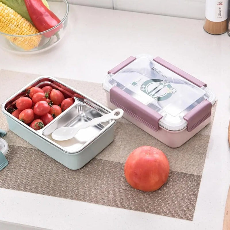 Lunch Box Two Compartment l Bamagate.com featuring pastel-colored containers with stainless steel dividers, perfect for storing two types of food.