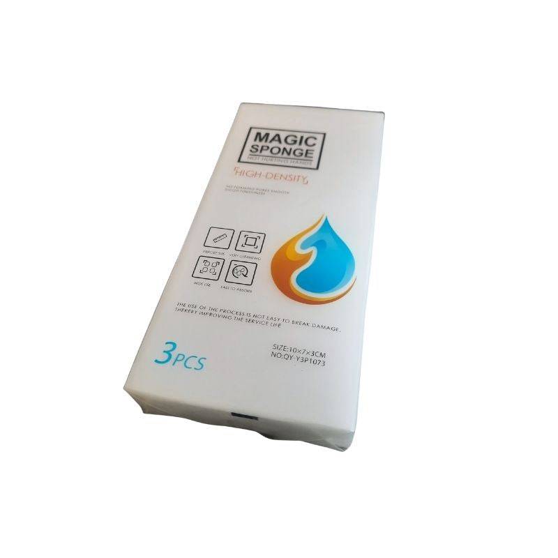 3Pcs White Magic Sponge high-density cleaning tool in retail packaging for stain removal. Ideal for household cleaning and kitchen use.