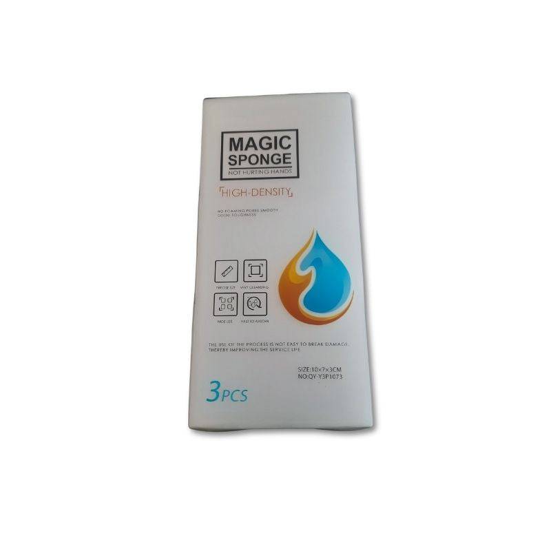 Front view of 3Pcs White Magic Sponge pack labeled high-density, perfect for removing grime and stains in home cleaning tasks.