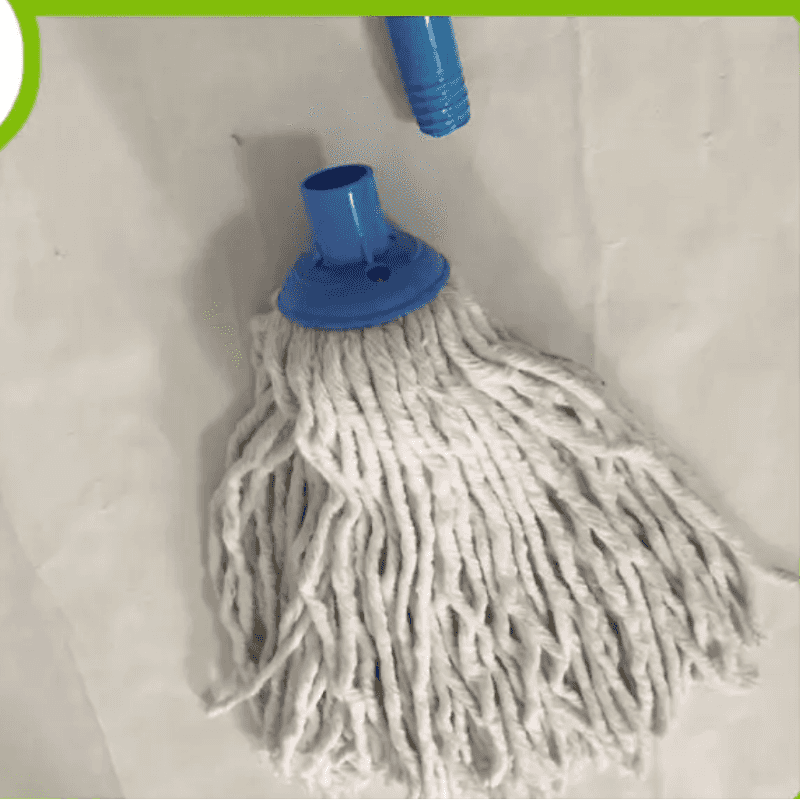 Mop head replacement with white cotton thread and blue plastic connector for effective cleaning; fits standard mop handles.