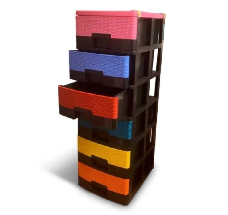 Phoenix Baby Drawer - 6 in 1 Storage features six multi-color drawers in a durable black frame, ideal for organizing baby essentials in the nursery.