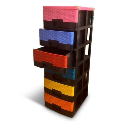 Phoenix Baby Drawer - 6 in 1 Storage features six multi-color drawers in a durable black frame, ideal for organizing baby essentials in the nursery.