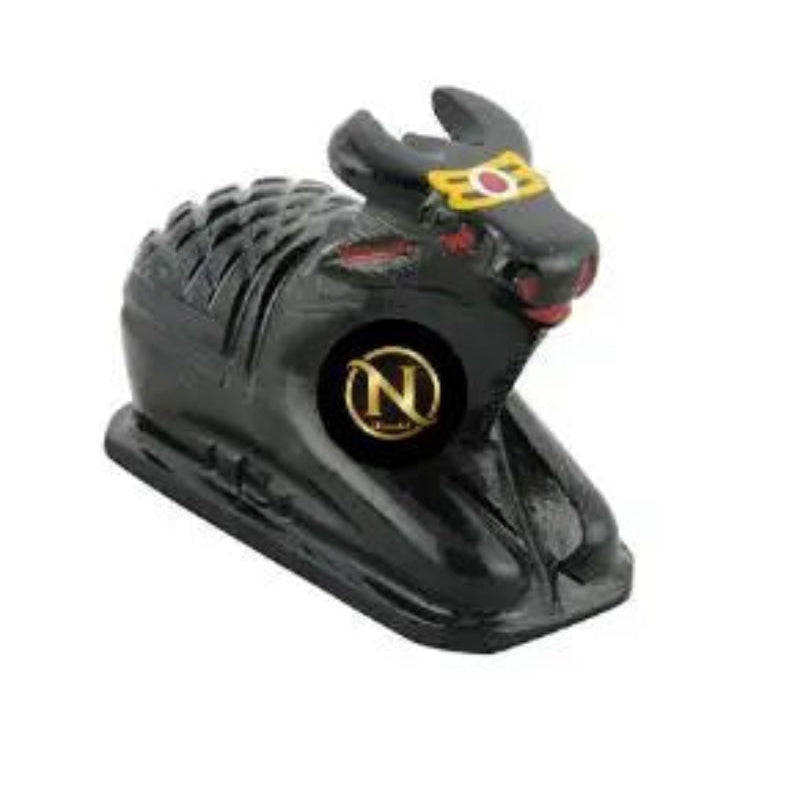 Ceramic Nandi statue in black with gold and red accents, ideal for spiritual gifting and home altar décor. Shop online in Sri Lanka.