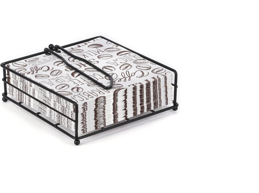 Black metal napkin holder with coffee-themed napkins, ideal for organizing tissues in a modern kitchen or dining space.