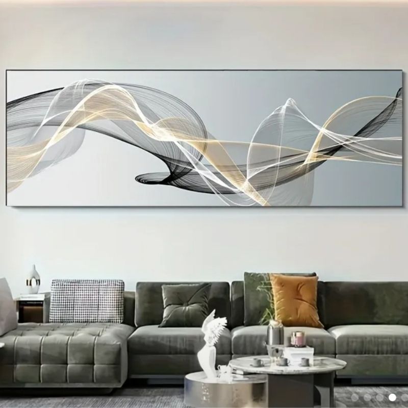 Modern Nordic Wall Art Canvas Print 150 x 50 cm featuring abstract wave design in black, white, and gold tones above a green velvet sofa. Canvases | Nordic Wall Art Design Price in Sri Lanka.
