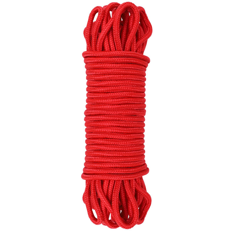 10m nylon braided rope for camping & gardening in bright red, ideal for outdoor clothesline or household use. Durable and compact for easy storage.