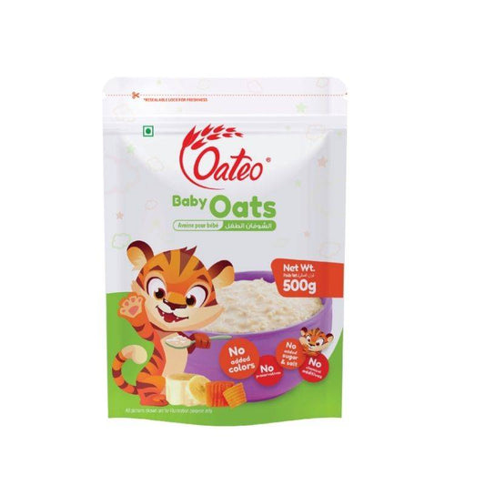 Oateo Baby Oats 500g pouch with cartoon tiger, showcasing nutrient-rich oats for essential baby growth. No added colors or flavors.