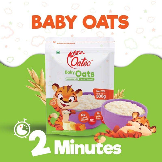 Oateo Baby Oats 500g pouch with cartoon tiger and bowl of oats, promoting essential nutrients for baby growth in just 2 minutes prep time.