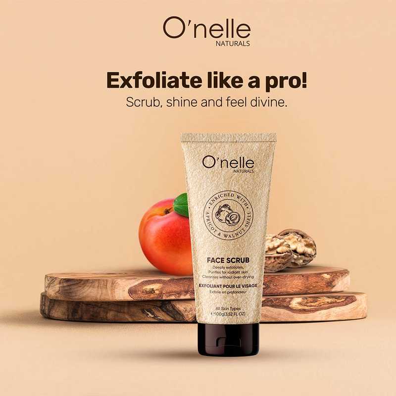 Apricot Walnut Facial Scrub - O'nelle 100g tube with natural apricot and walnut ingredients on wooden display. Ideal for deep exfoliation and glowing skin.