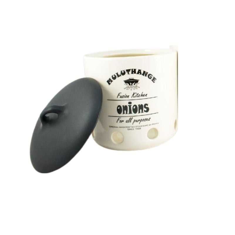 Ceramic Onion Storage Jar Muluthange with black lid, featuring ventilation holes to keep produce fresh in kitchen storage.