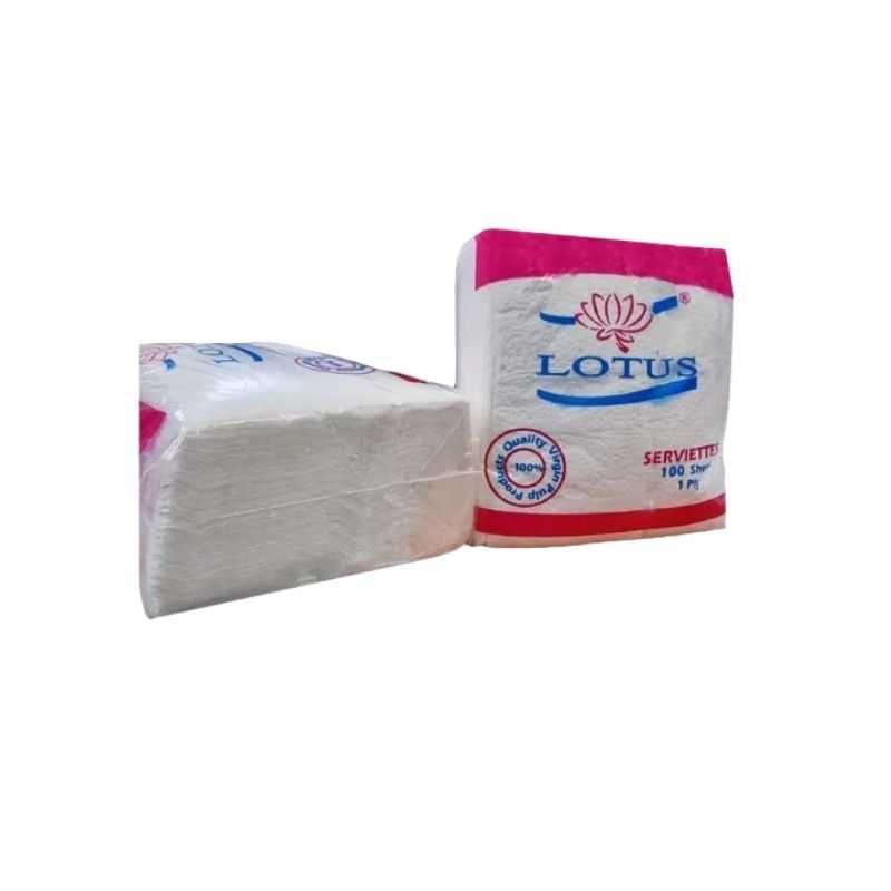 Lotus Paper Napkins 1-Ply Serviettes pack with 100 disposable sheets, ideal for home use and events in Sri Lanka.