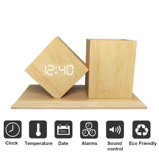 Functional Wooden Pen Holder with LED Digital Alarm Clock featuring time, temperature, date, and eco-friendly sound control.