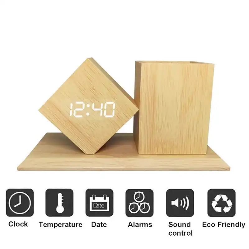 Functional Wooden Pen Holder with LED Digital Alarm Clock featuring time, temperature, date, and eco-friendly sound control.