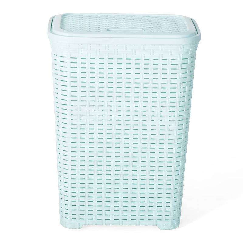 Mint green Phoenix Rattan Laundry Basket with 60L capacity and secure lid, ideal for tidy laundry storage in household organization.