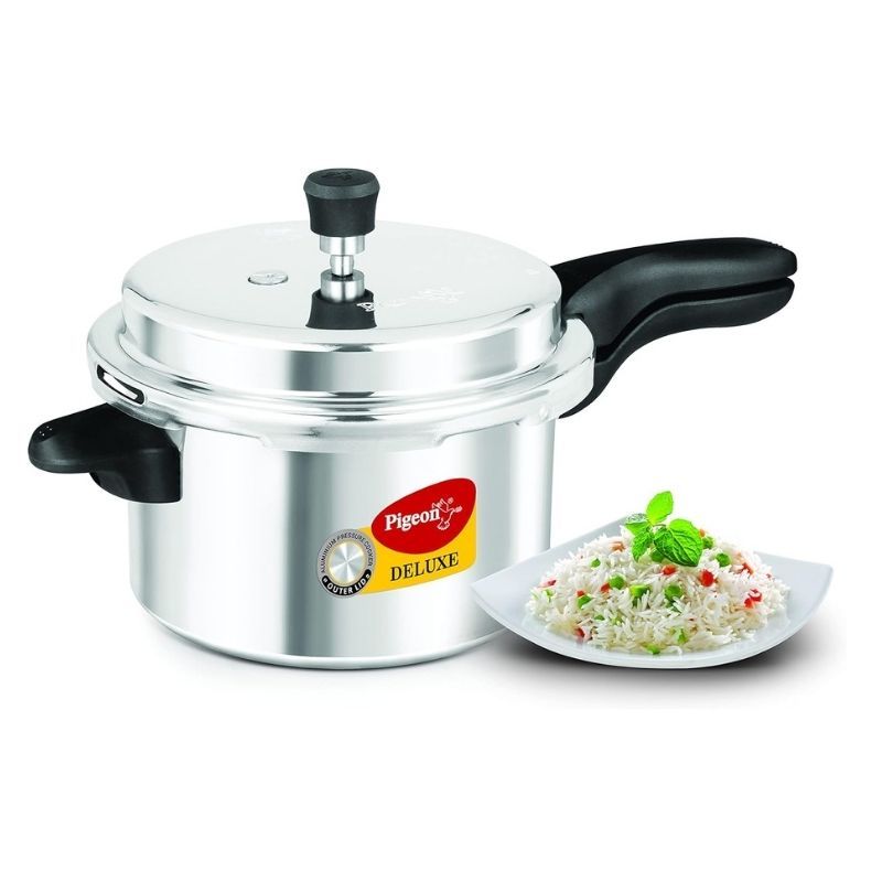 Pigeon 5L Aluminum Pressure Cooker shown with cooked rice, highlighting its large capacity and quick meal preparation.