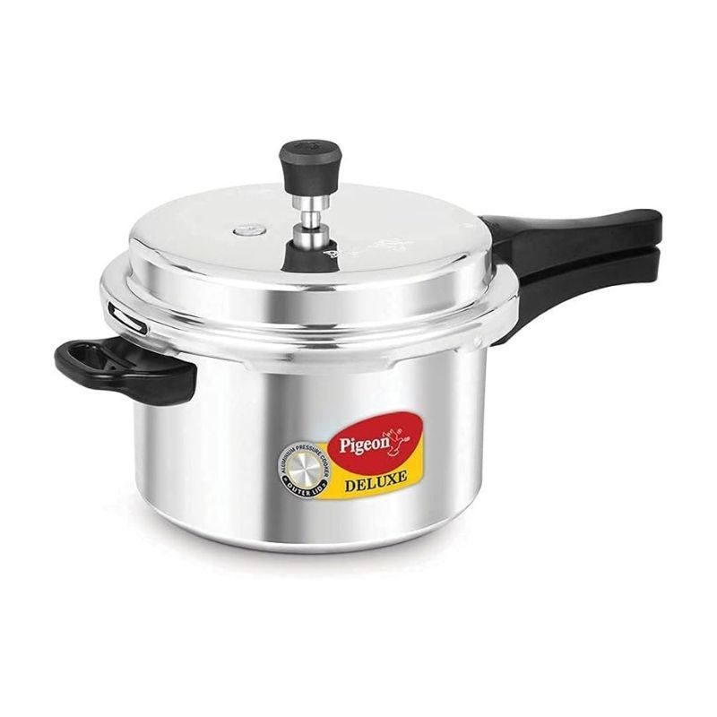 Pigeon 5L Aluminum Pressure Cooker with ergonomic handles and secure lid, ideal for fast and efficient family cooking.