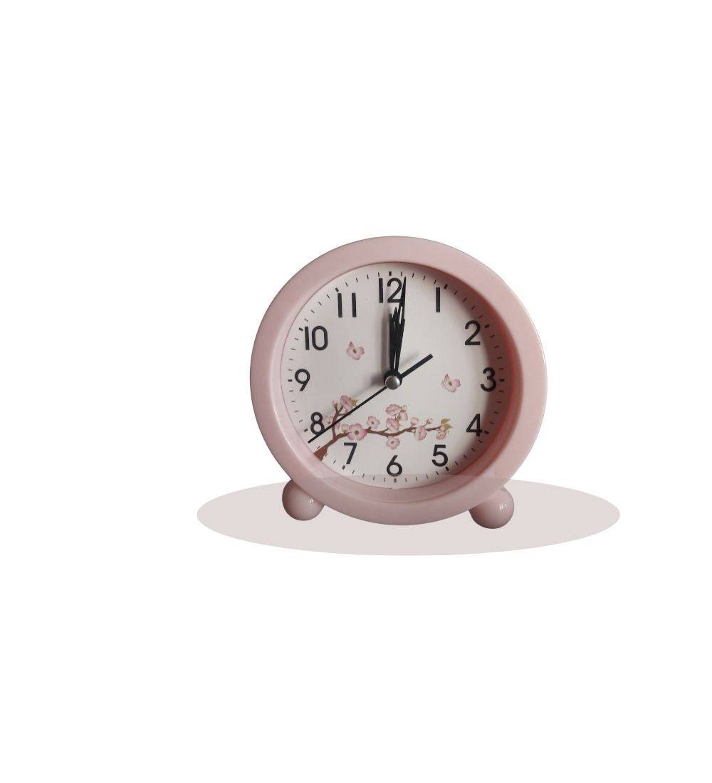 Pink Desktop Alarm Clock for Girls with floral hour hand and accurate timekeeping, ideal for stylish bedroom decor and Hello Kitty-themed rooms.