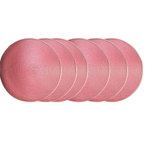 Set of 6 maroon round 38cm PVC table placemats, durable and washable, perfect for elegant kitchen and dining table decor.